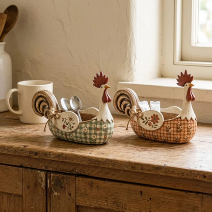 Country Green and Farmhouse Red rooster caddies together in a farmhouse kitchen