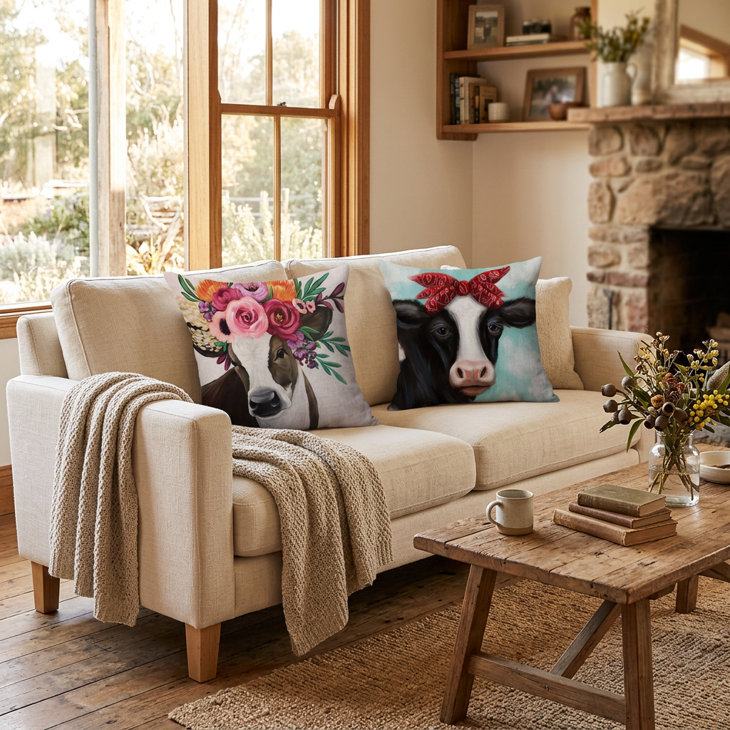 Cow cushions on a farmhouse sofa