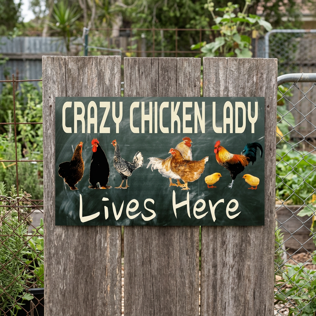 Crazy Chicken Lady sign on a country garden gate