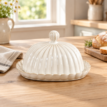 Cream fluted ceramic butter dish without pedestal on a breakfast table