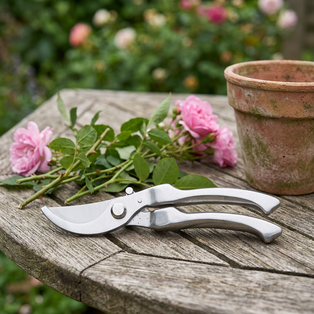 Curved secateurs beside rose cuttings