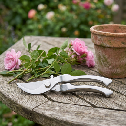 Curved secateurs beside rose cuttings