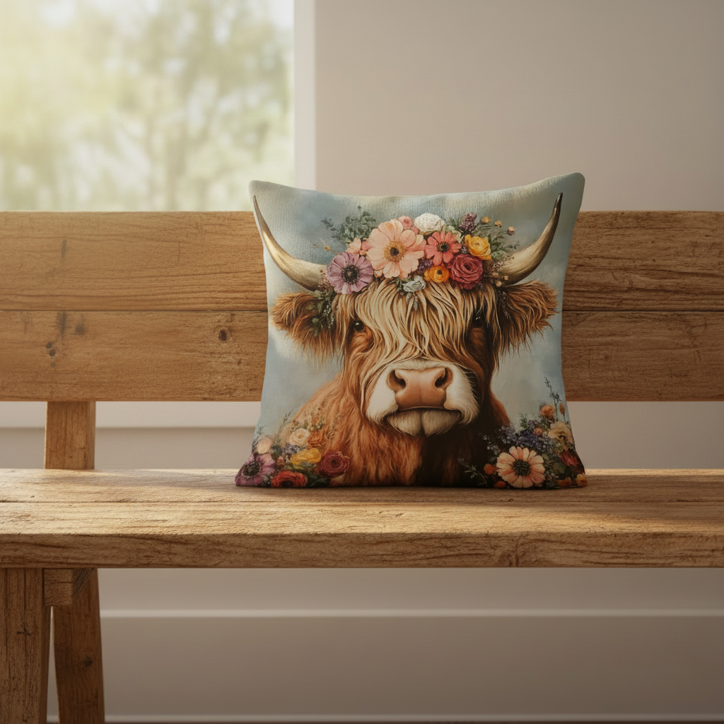Cushion Cover Boho Cow Floral | Highland Cow Flower Crown Pillow Cover | Home Decor