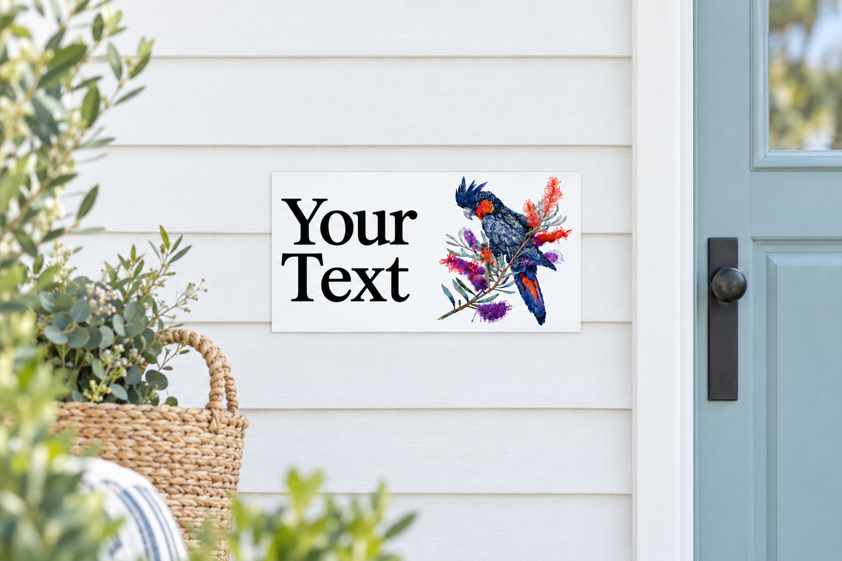Custom Black Cockatoo sign beside a coastal front door