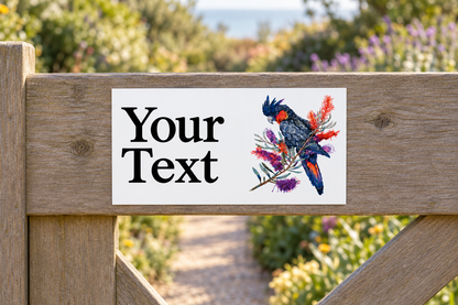 Custom Black Cockatoo sign on a garden gate with a coastal view