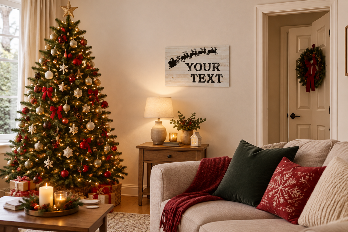Custom Santa and reindeer sign beside a Christmas tree
