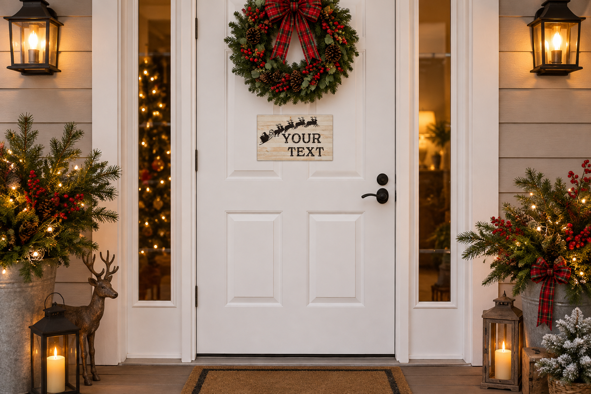 Custom Santa and reindeer sign on a decorated doorway