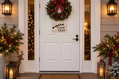 Custom Santa and reindeer sign on a decorated doorway
