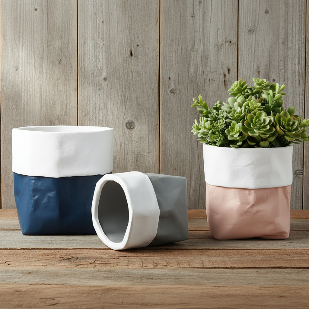 Rustic Bag Planter Pot - Ceramic Paper Bag Flower Pot