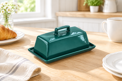 Deep teal butter dish on a light breakfast table