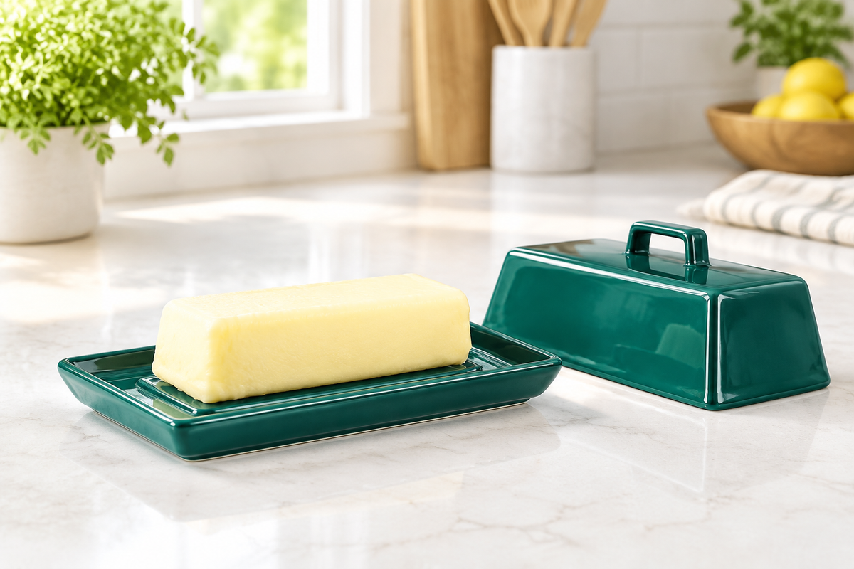 Deep teal butter dish with lid resting on the kitchen bench