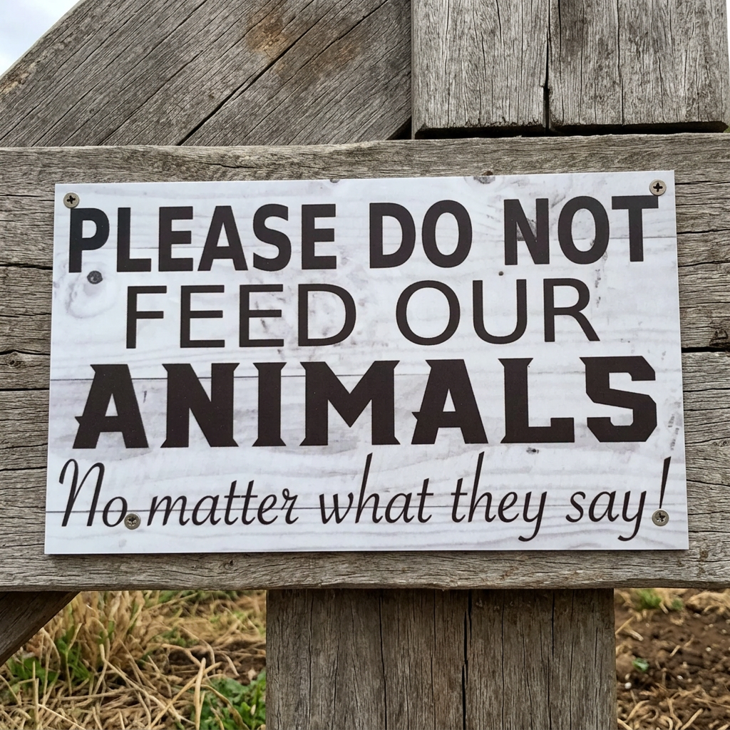 Do Not Feed Our Animals sign on a farm gate