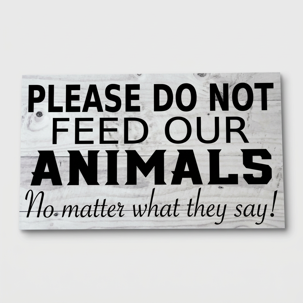 Do Not Feed Our Animals sign on light grey