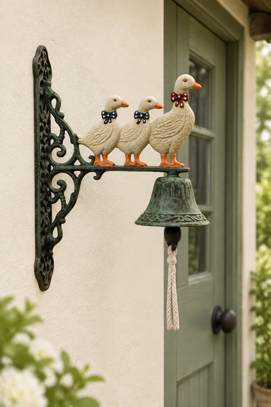 Duck family doorbell beside a country cottage doorway