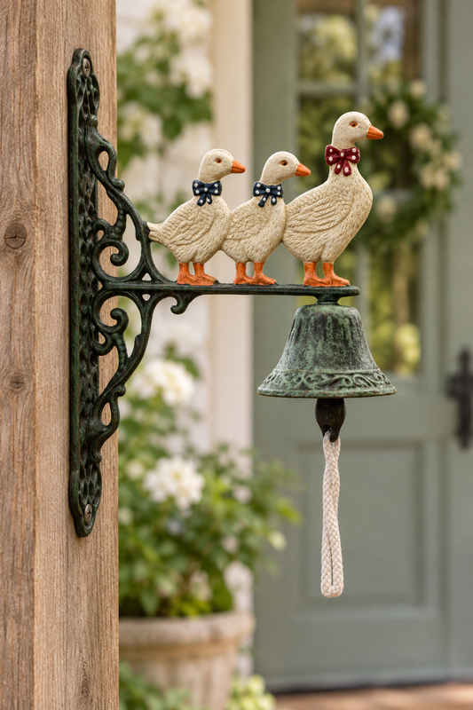 Duck family doorbell mounted at a farmhouse porch