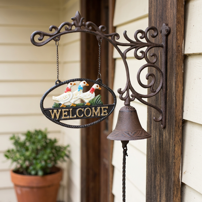 Duck family welcome doorbell at a farmhouse entrance
