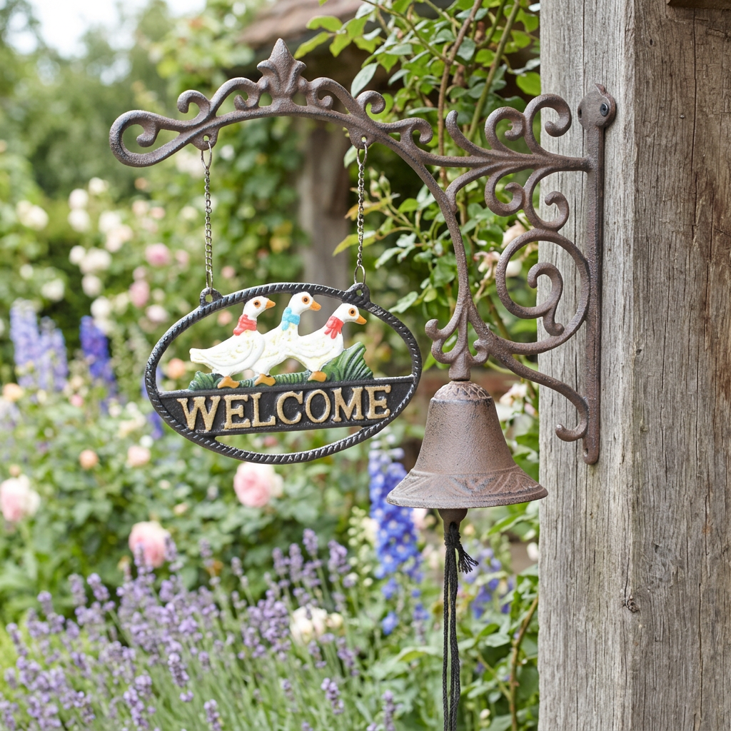 Duck family welcome doorbell on a cottage porch