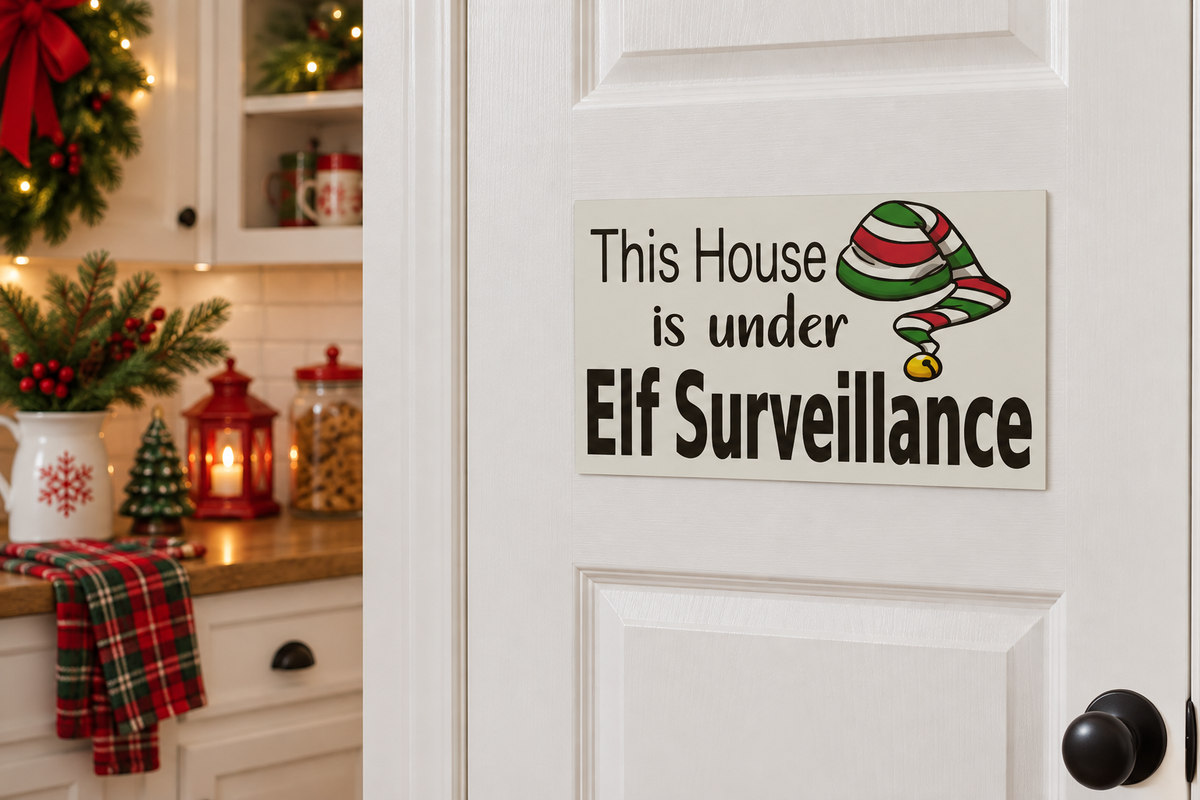 Elf Surveillance sign on a kitchen door