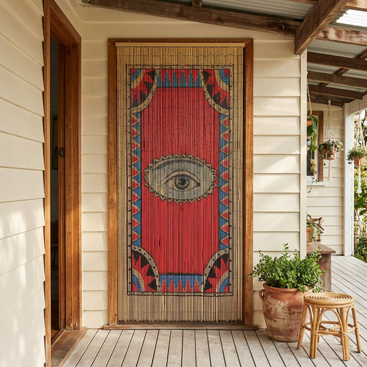 Eye bamboo curtain on a bohemian cottage veranda