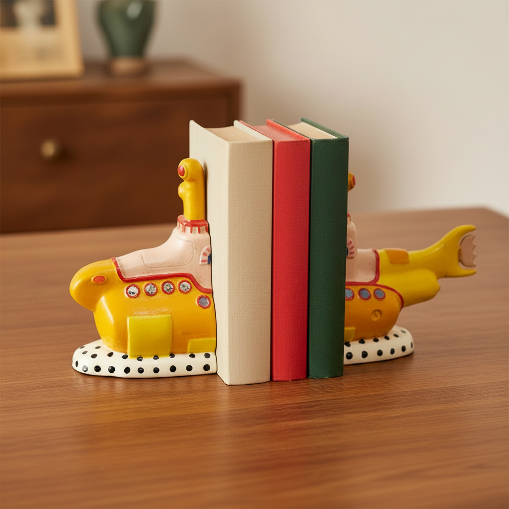 Yellow Submarine Bookend Set | Vintage Retro Novelty Book Ends | Music Lover Gift | Home Library Decor