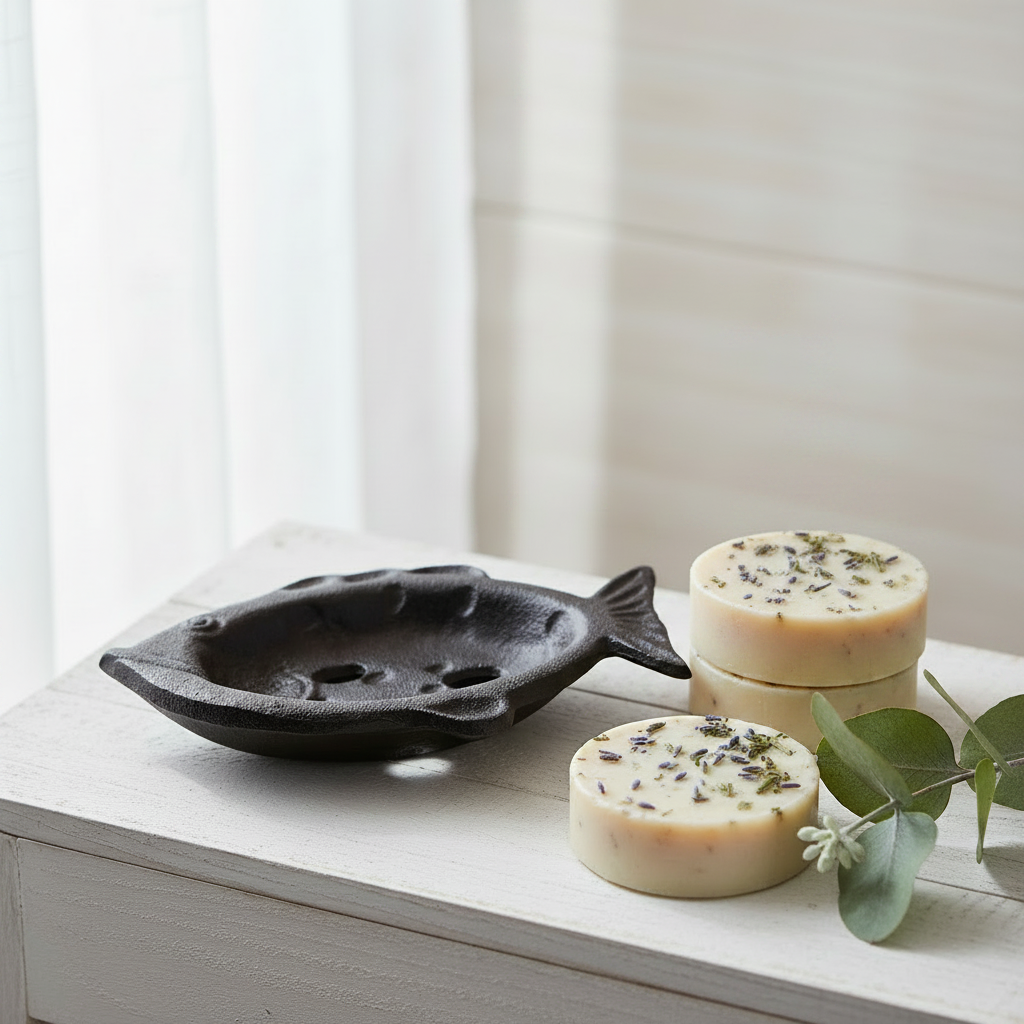 Fish soap dish — coastal bathroom shelf lifestyle