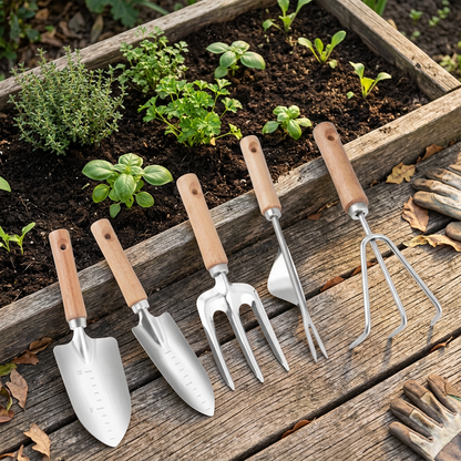 Five-piece garden tool set beside a vegetable bed