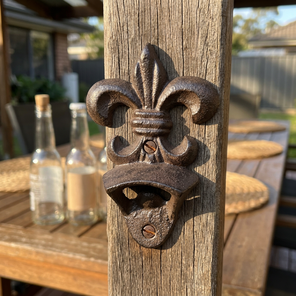 Fleur-de-lis bottle opener in a sheltered outdoor entertaining area