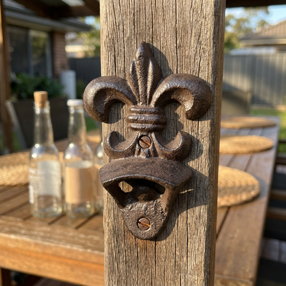 Fleur-de-lis bottle opener in a sheltered outdoor entertaining area