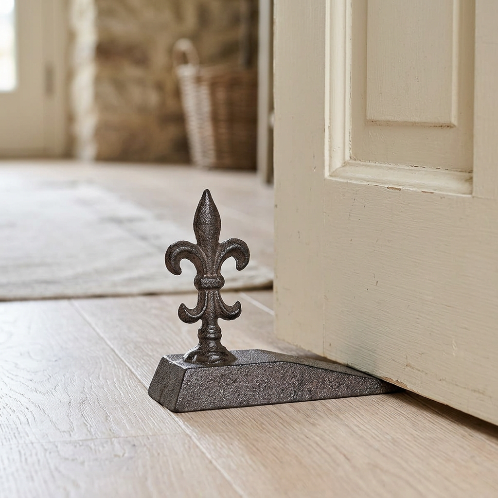 Fleur-de-lis doorstop in a French Provincial hallway
