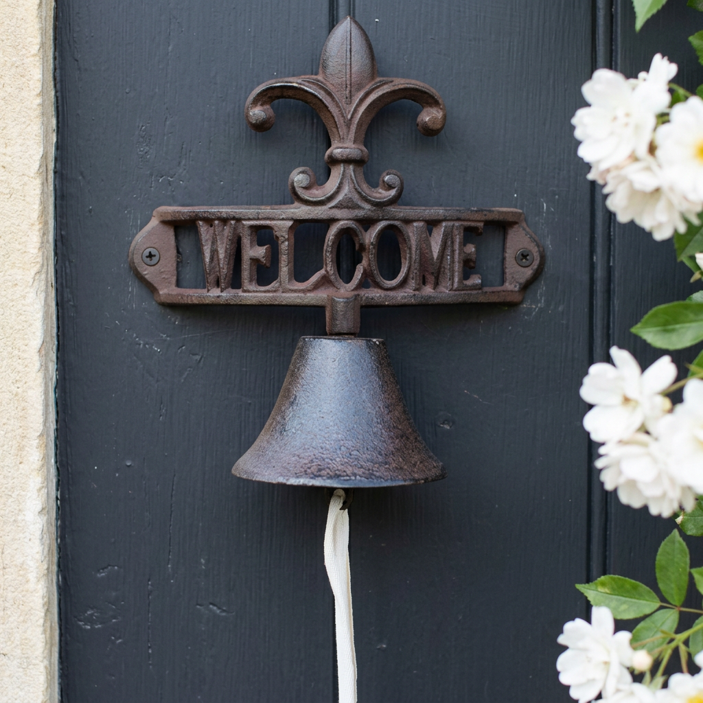 Fleur-de-lis welcome bell on a charcoal cottage door