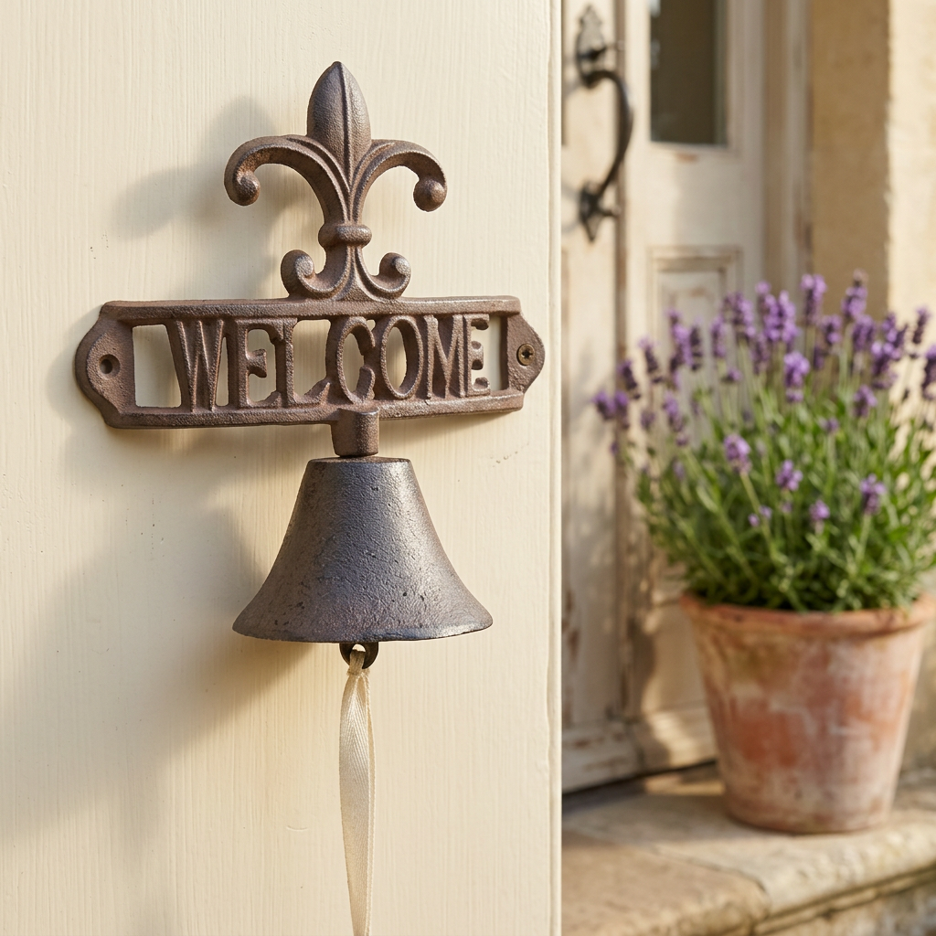 Fleur-de-lis welcome bell on an ivory French country door