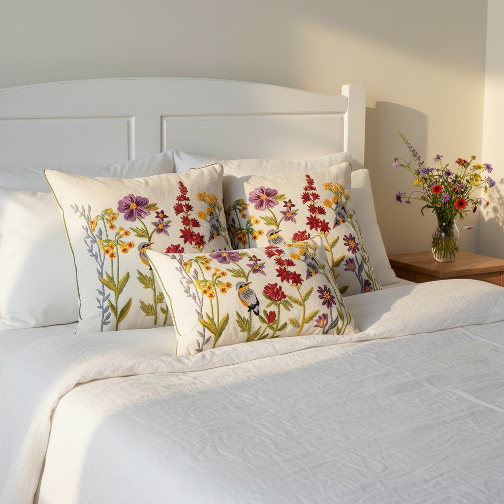 Floral Birds cushion — bedroom lifestyle