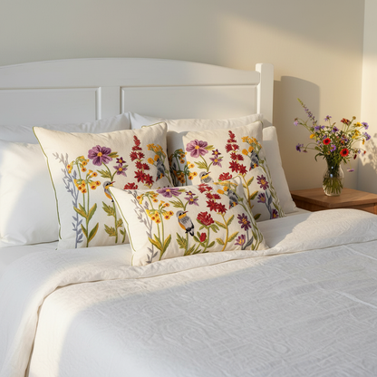 Floral Birds cushion — bedroom lifestyle