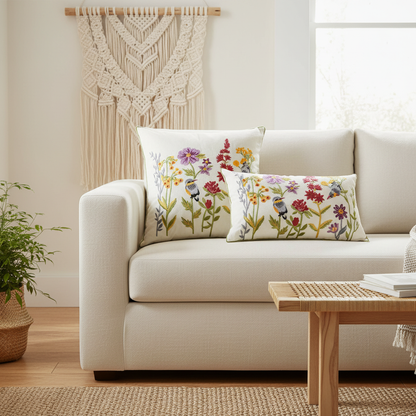 Floral Birds Cushion Cover — boho sofa lifestyle