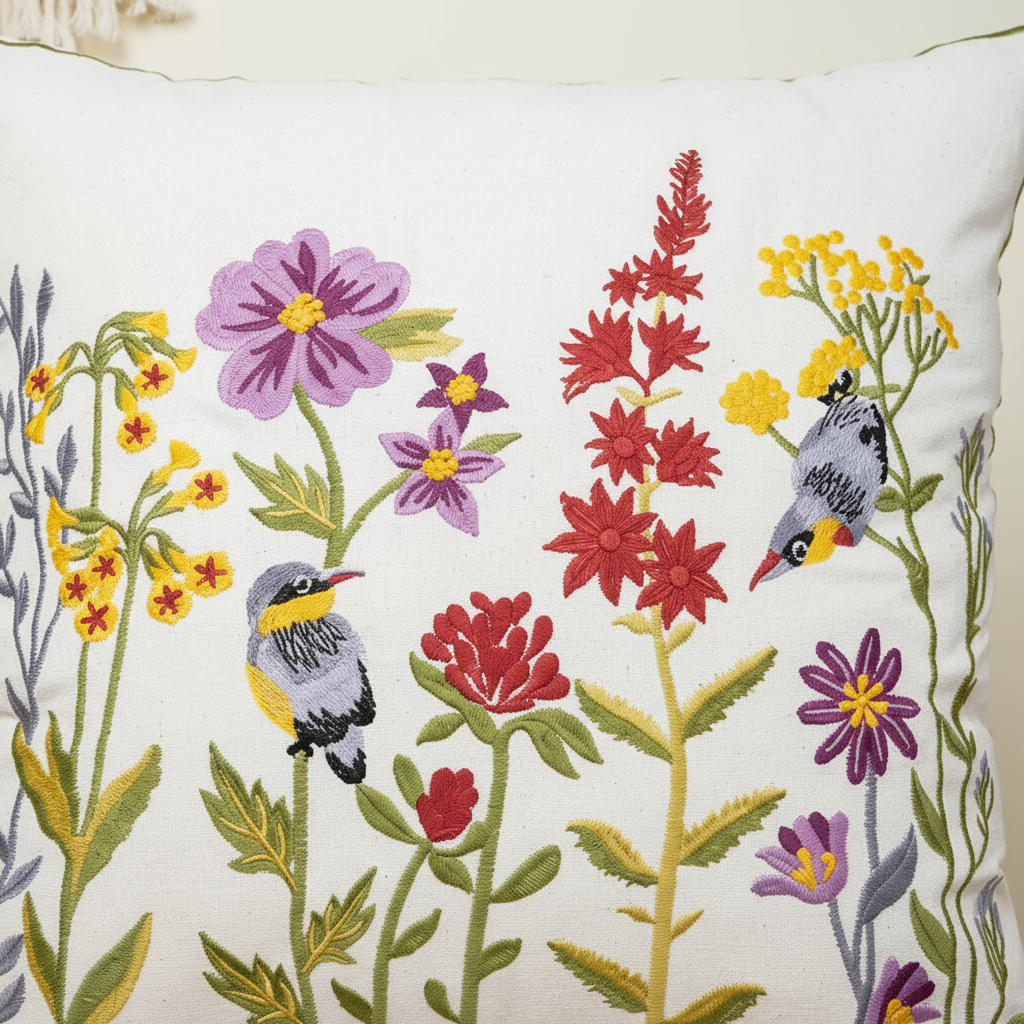Floral Birds cushion — embroidery close-up