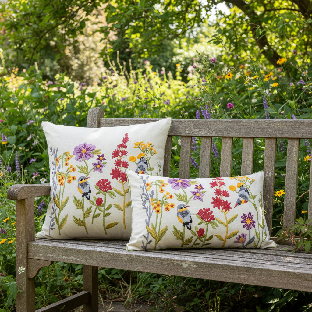 Floral Birds cushion — garden bench lifestyle