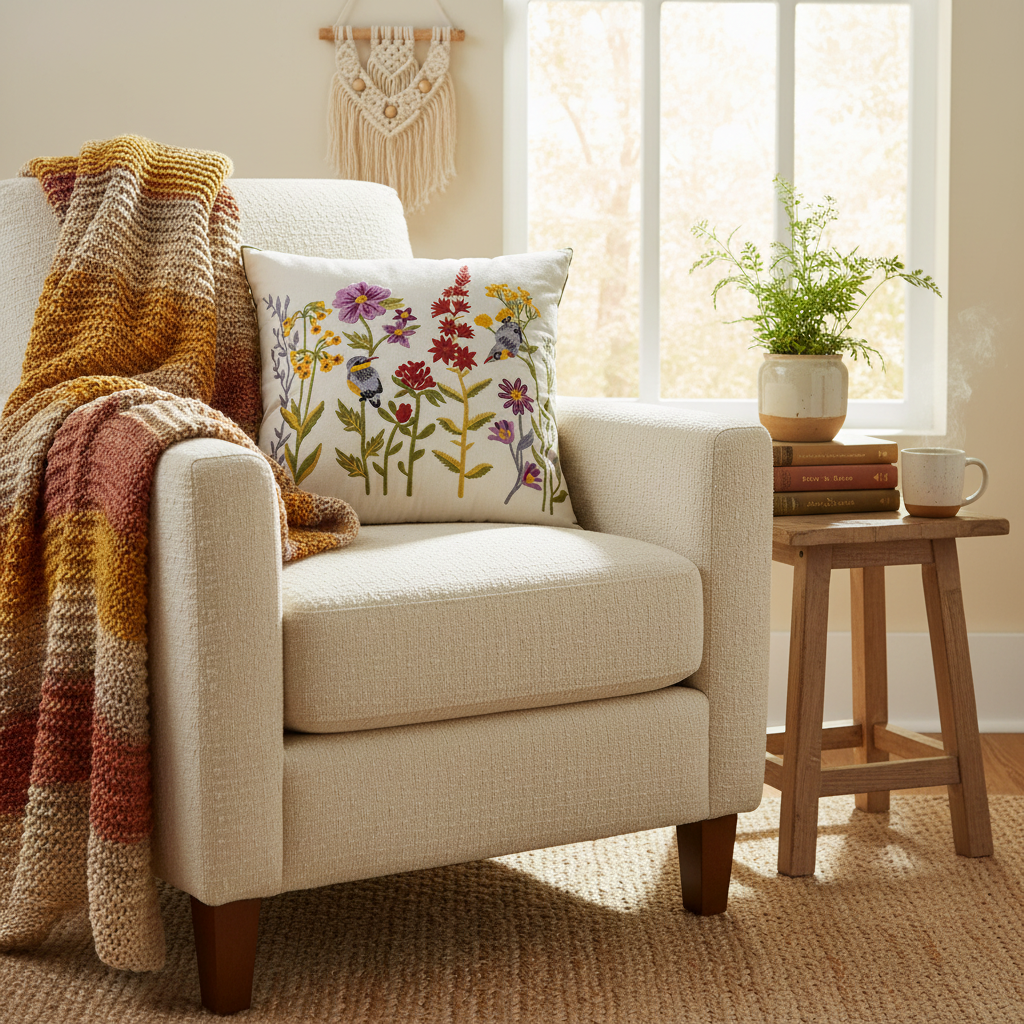 Floral Birds cushion — reading nook lifestyle