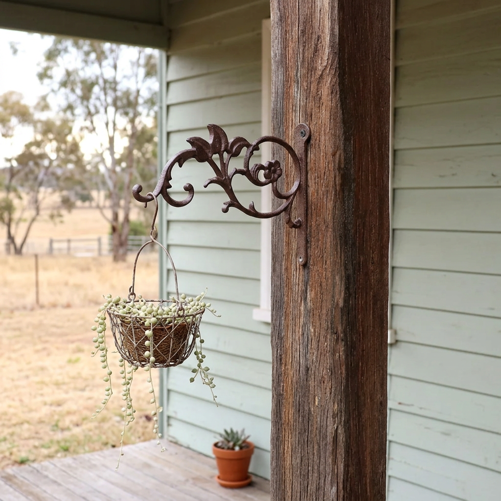 Floral bracket with a hanging basket at an Australian country farmhouse