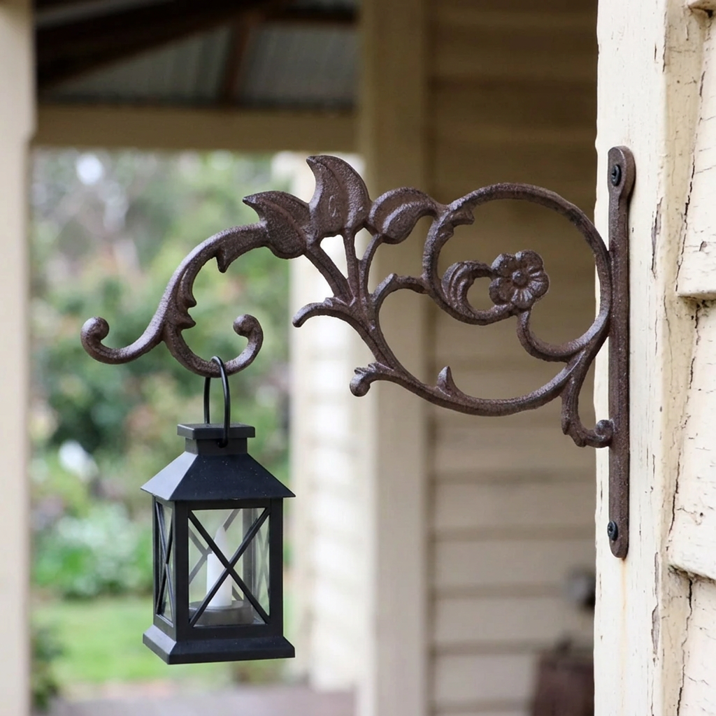 Floral bracket with a lantern on a cottage verandah