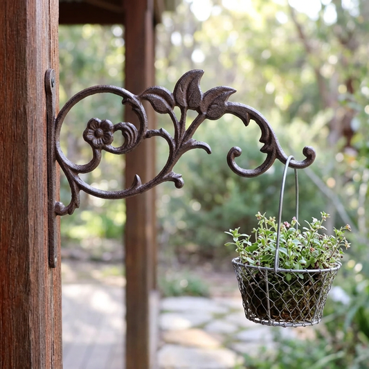 Floral bracket with a small hanging basket