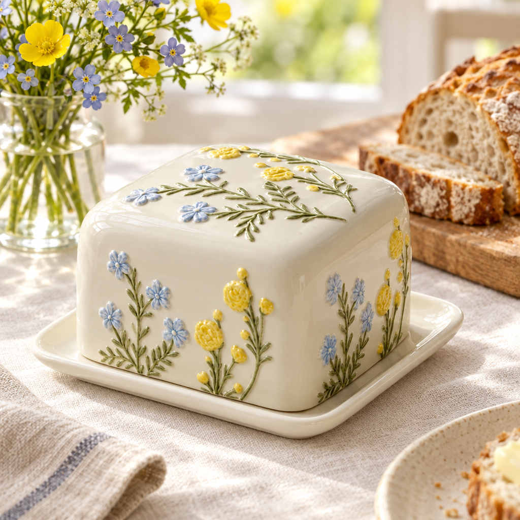 Floral butter dish in a spring breakfast setting