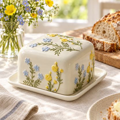 Floral butter dish in a spring breakfast setting