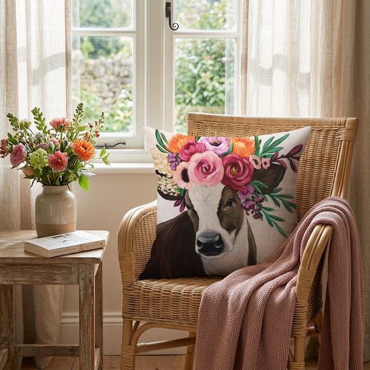 Floral cow cushion in a cottage reading nook