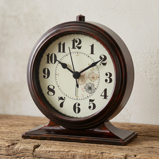 Floral desk clock on a cottage mantel