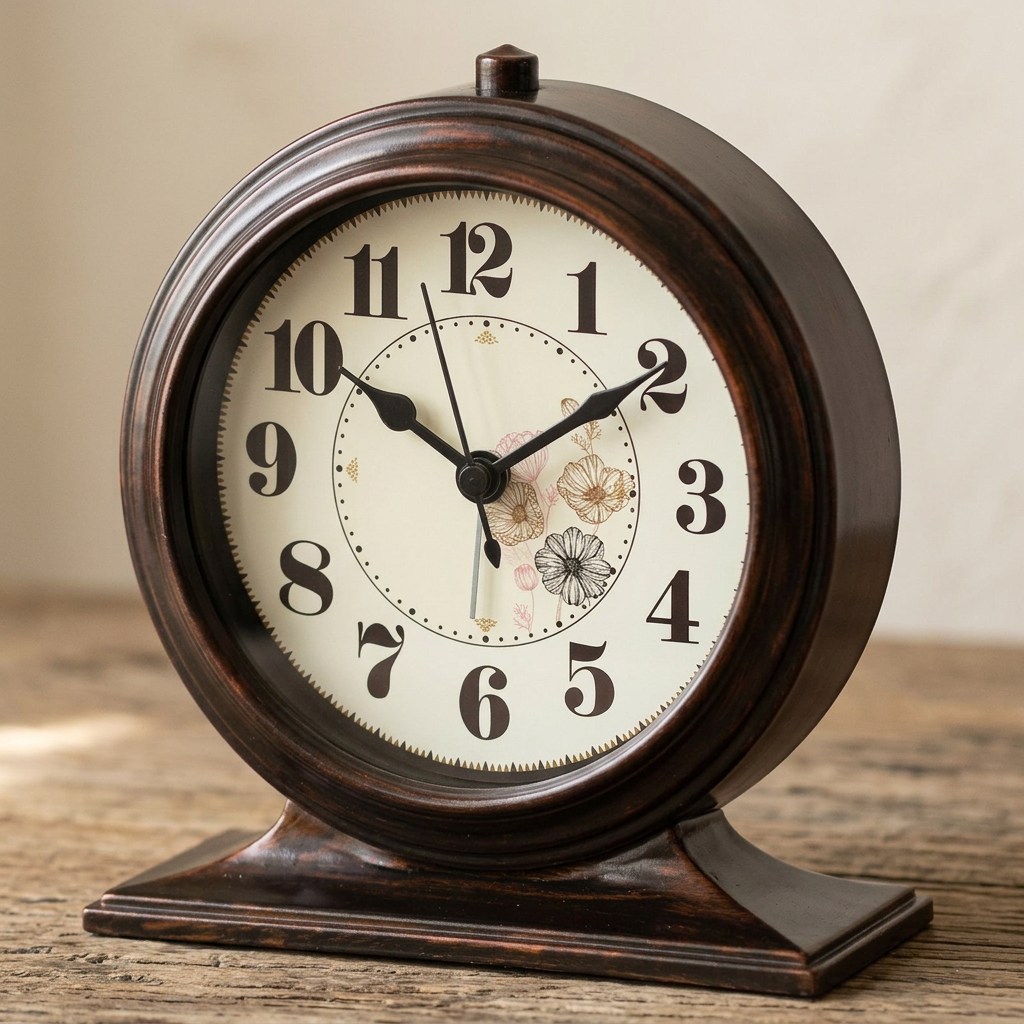 Floral desk clock on a simple rustic timber table