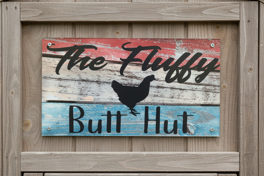 Fluffy Butt Hut Sign — Close-up on Chicken Coop