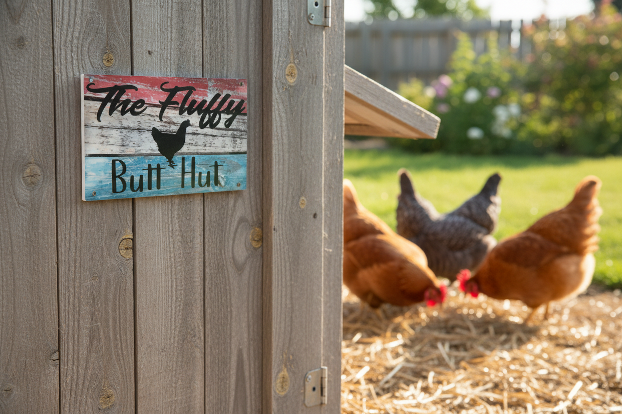 Fluffy Butt Hut Sign — On Chicken Coop