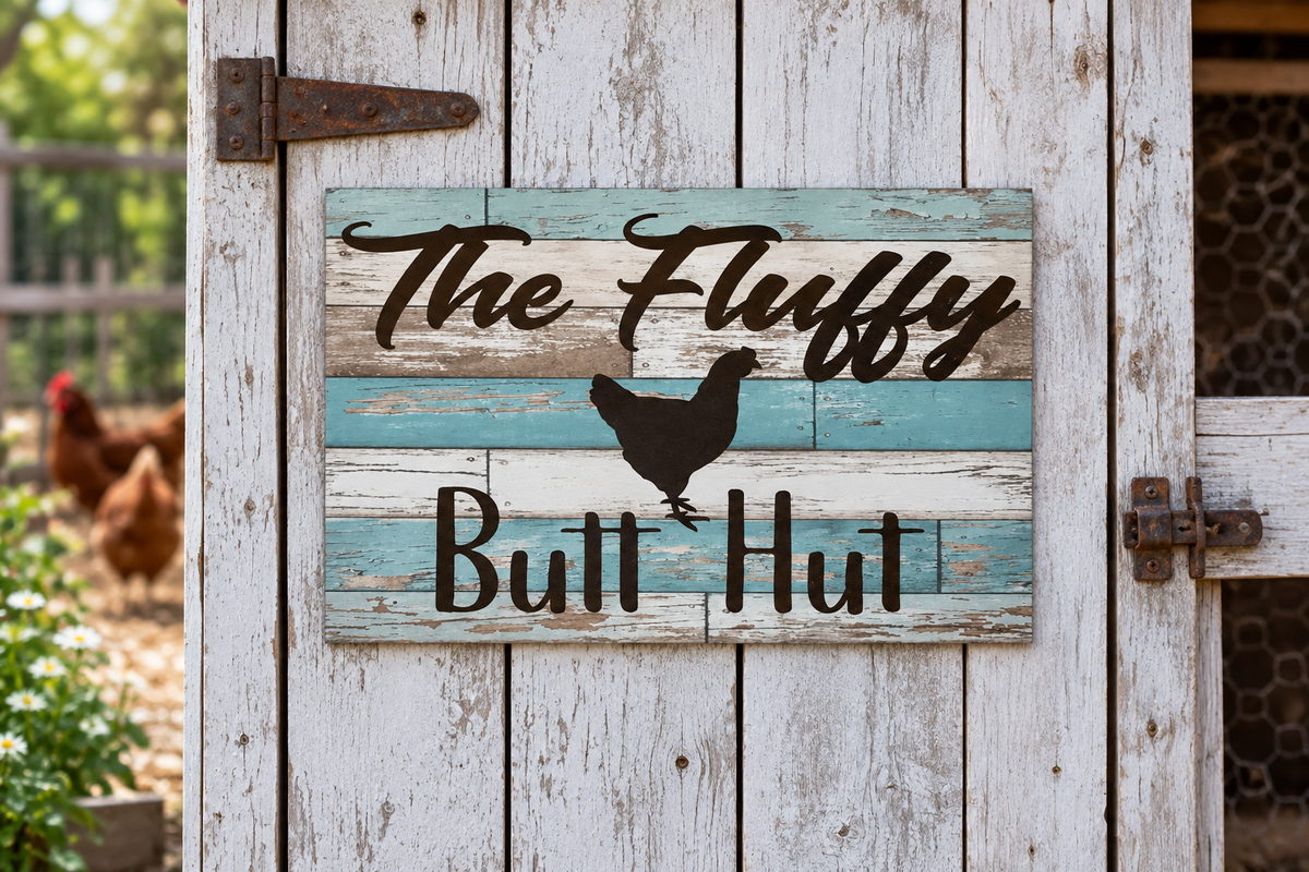 Fluffy Butt Hut sign, straight-on acrylic panel