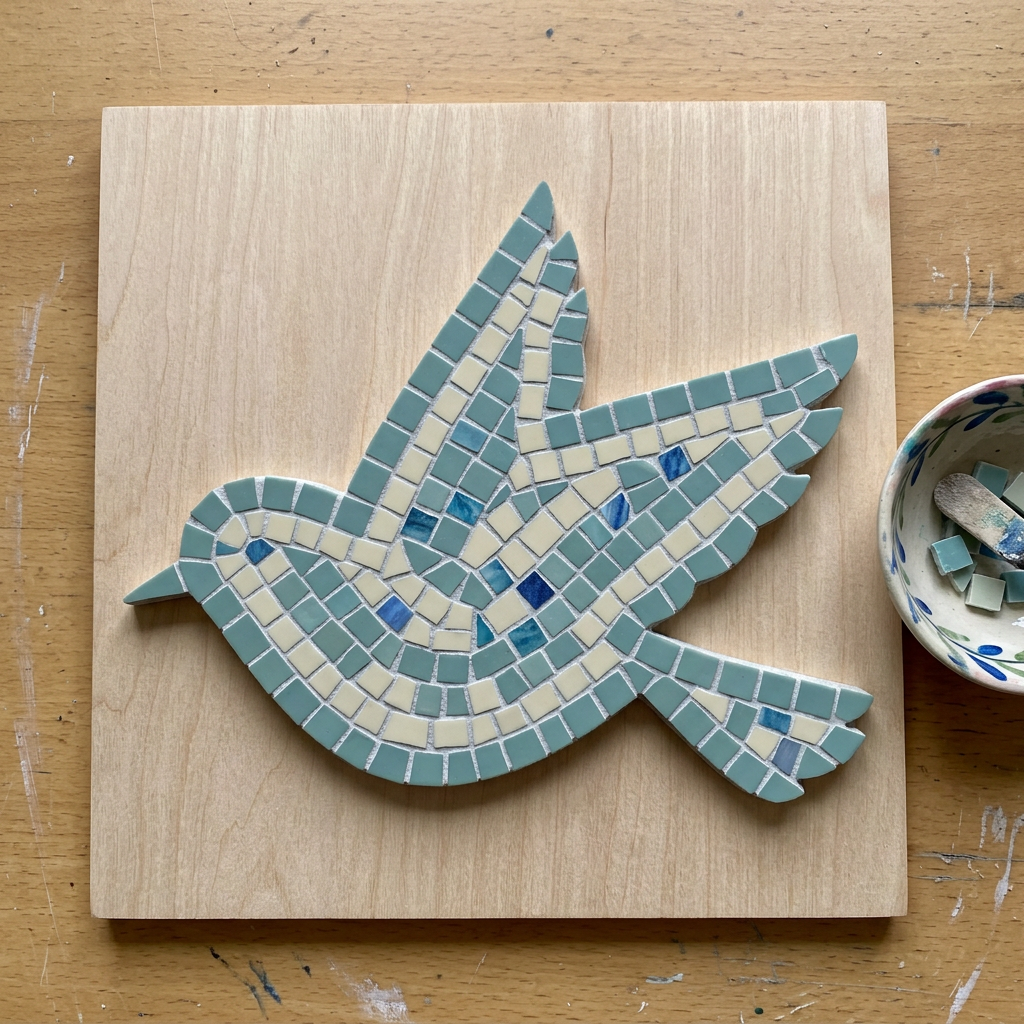 Flying bird made into mosaic artwork on a backing board