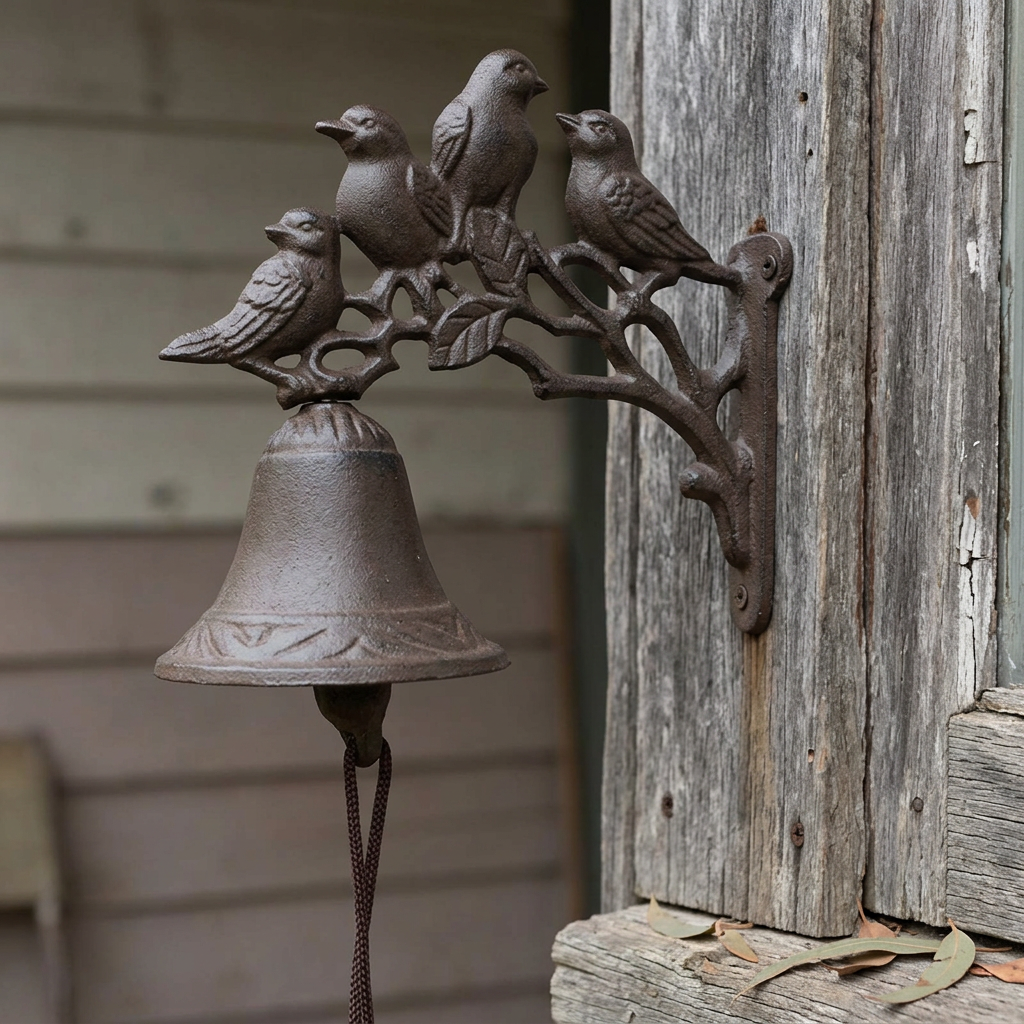 Four-bird doorbell on a weathered timber door jamb